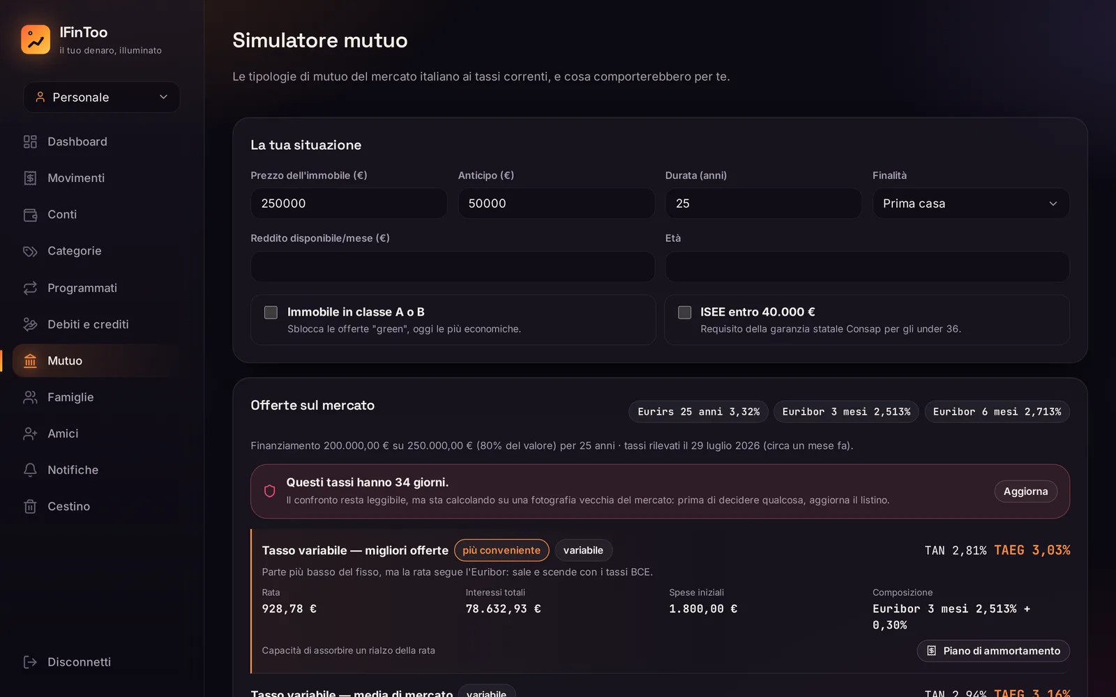 The mortgage simulator comparing fixed and variable offers at current market rates, with APR, payment and total interest