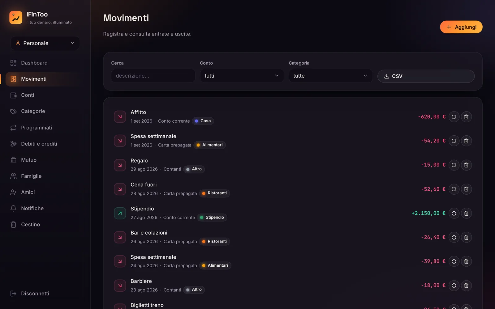 The movements list, filterable by account and category, with reversal and trash on every row