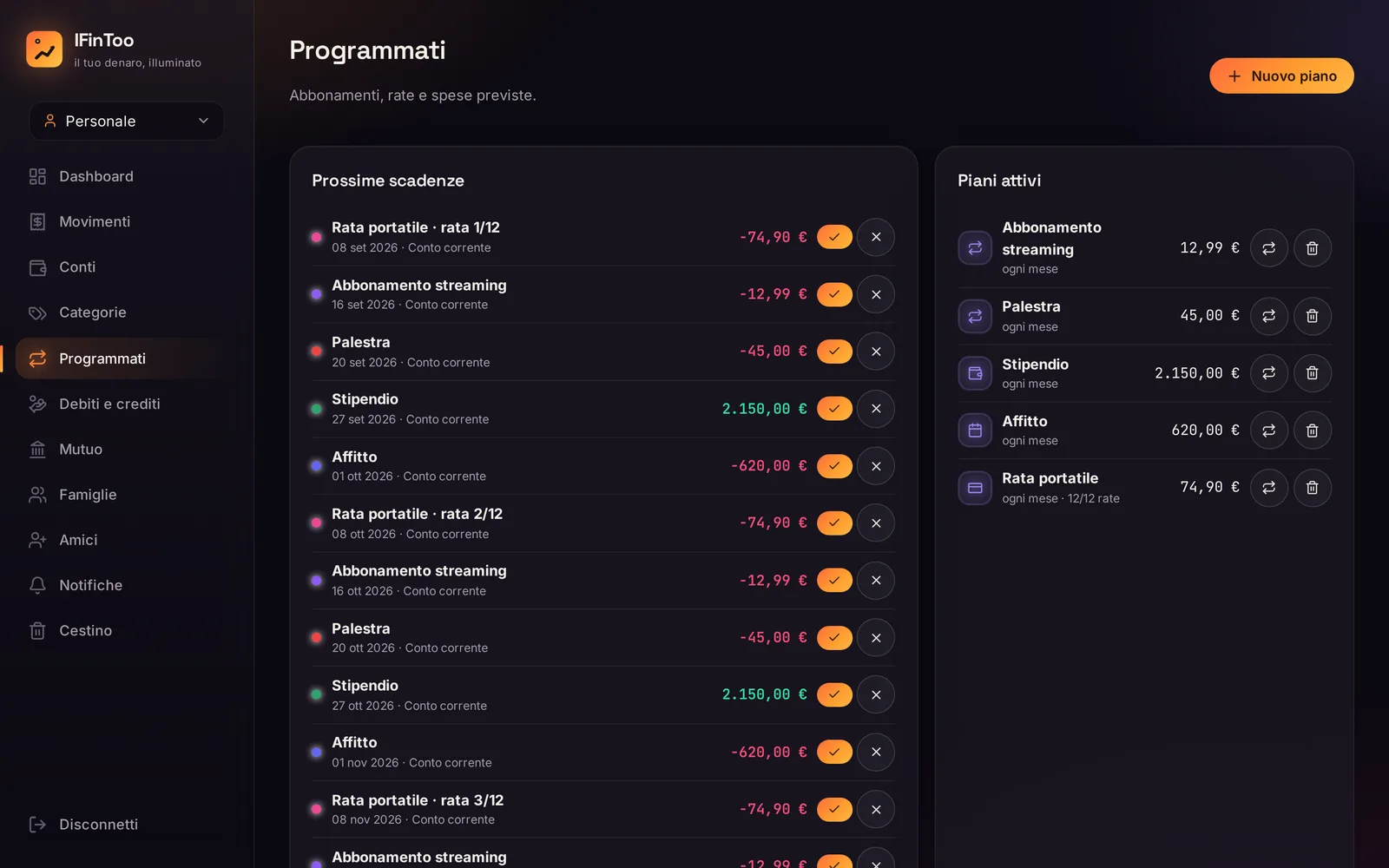 Scheduled plans: subscriptions, instalments and planned expenses, each occurrence confirmable or skippable