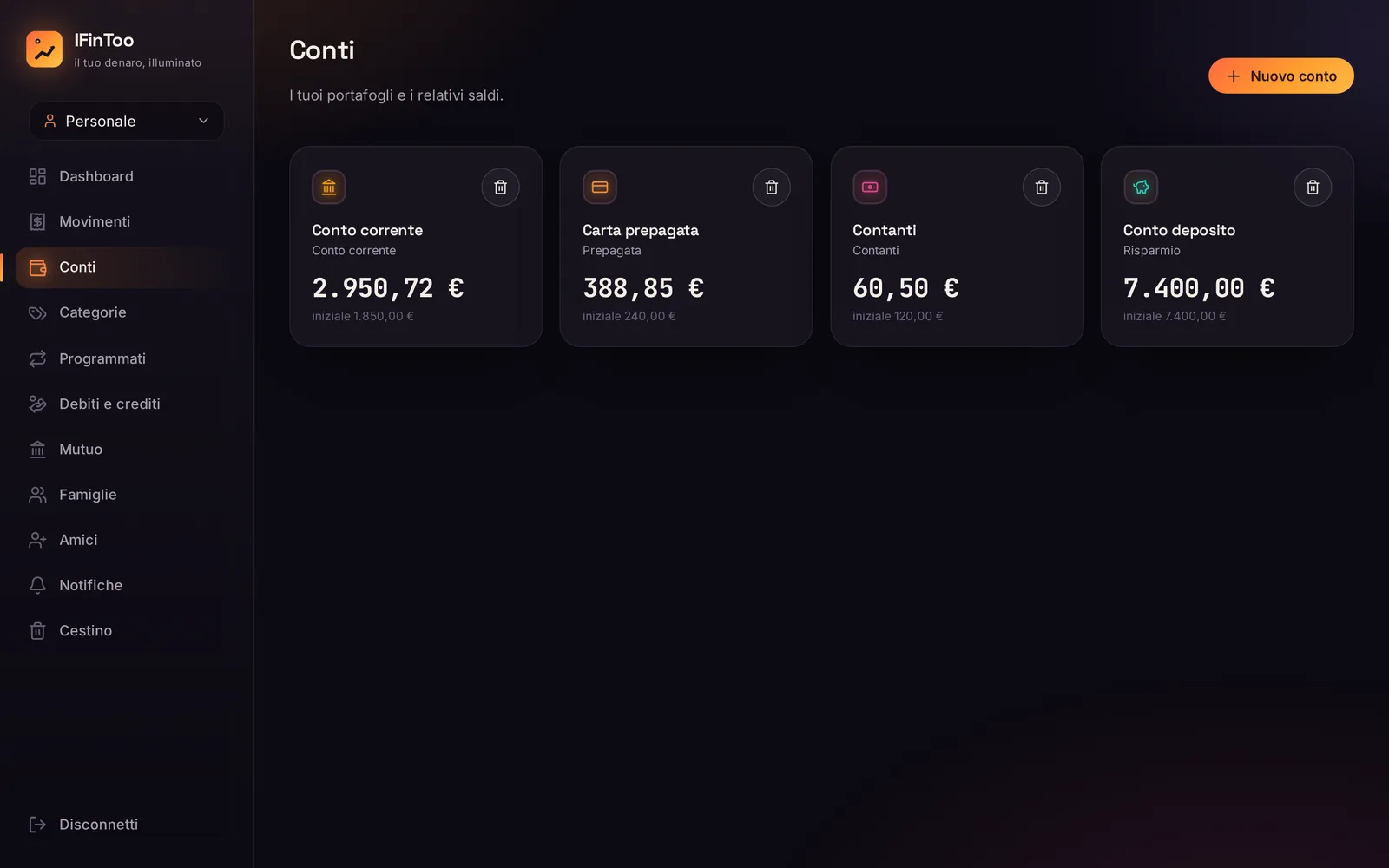 The accounts page with four wallets and their current balances