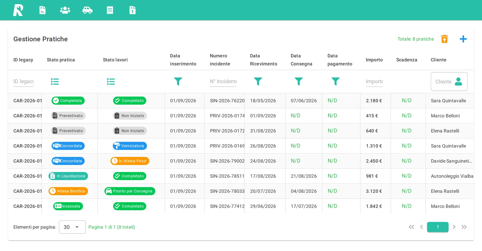The repair job list: each job with its practice status, work status, claim number, dates, amount and customer